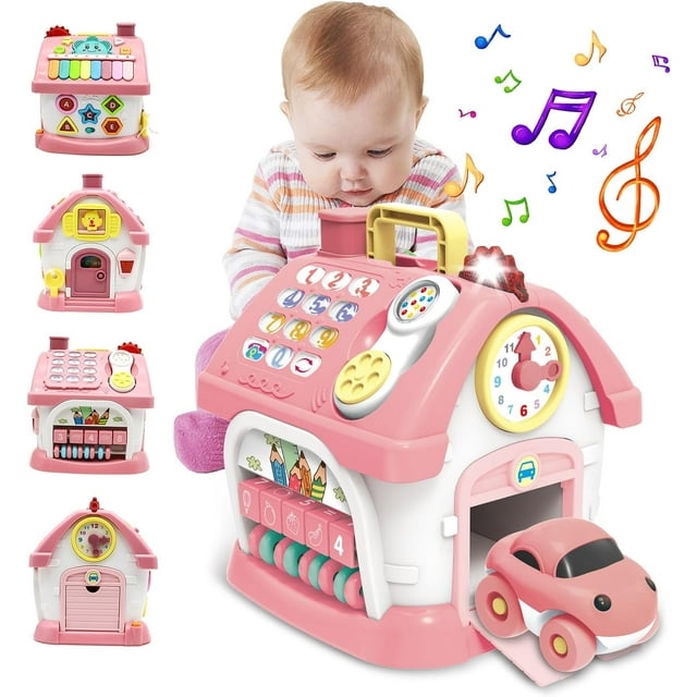 Juguetes Montessori para niñas de 1 año o más: juguetes para niños pequeños de 1 a 2 años, juguetes 8 en 1 con sonido, luces, música, reloj, teléfono y coche, hogar de aprendizaje inteligente (rosa)