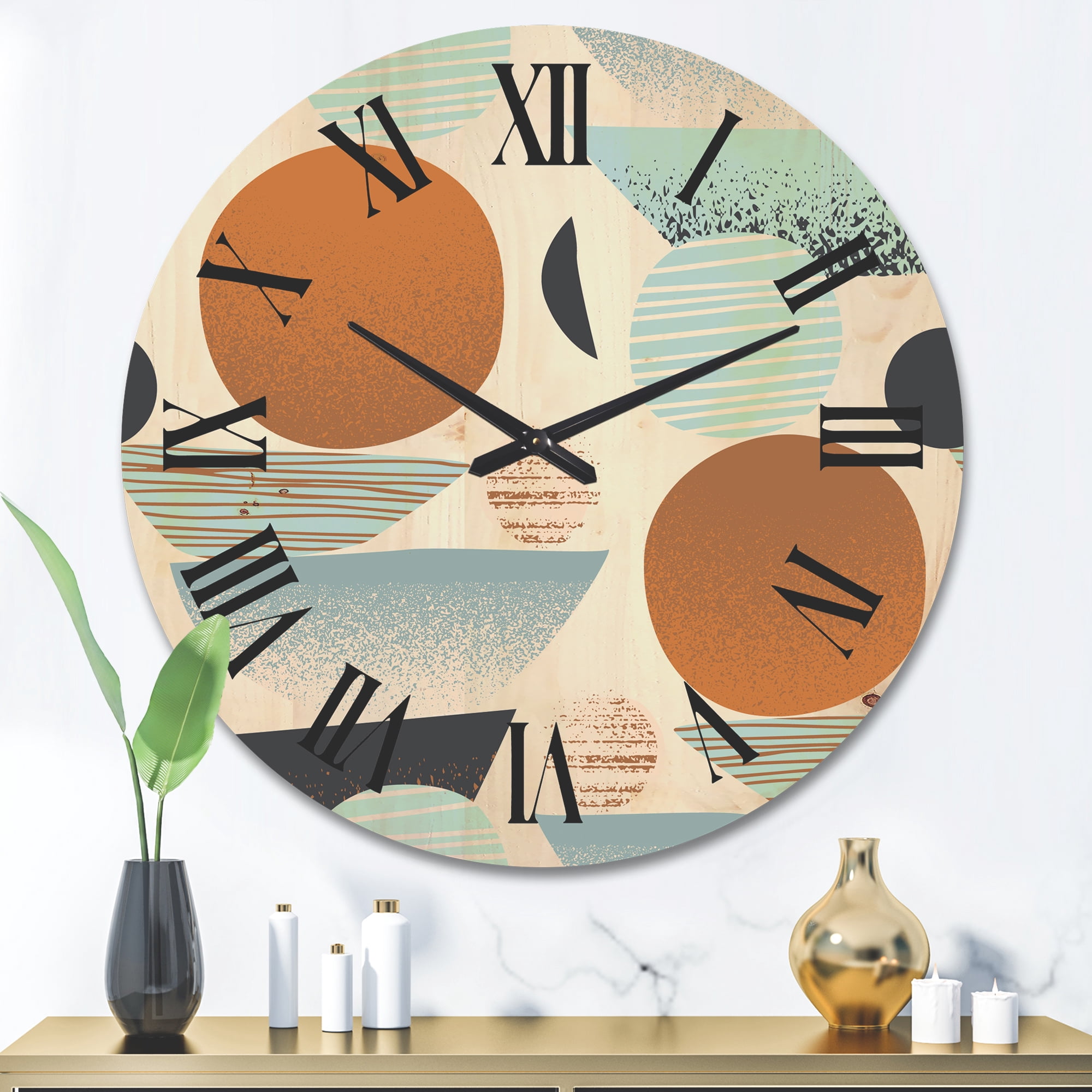 Designart 'Retro Shapes With Abstract Moons and Suns I' Modern Wood Wall Clock