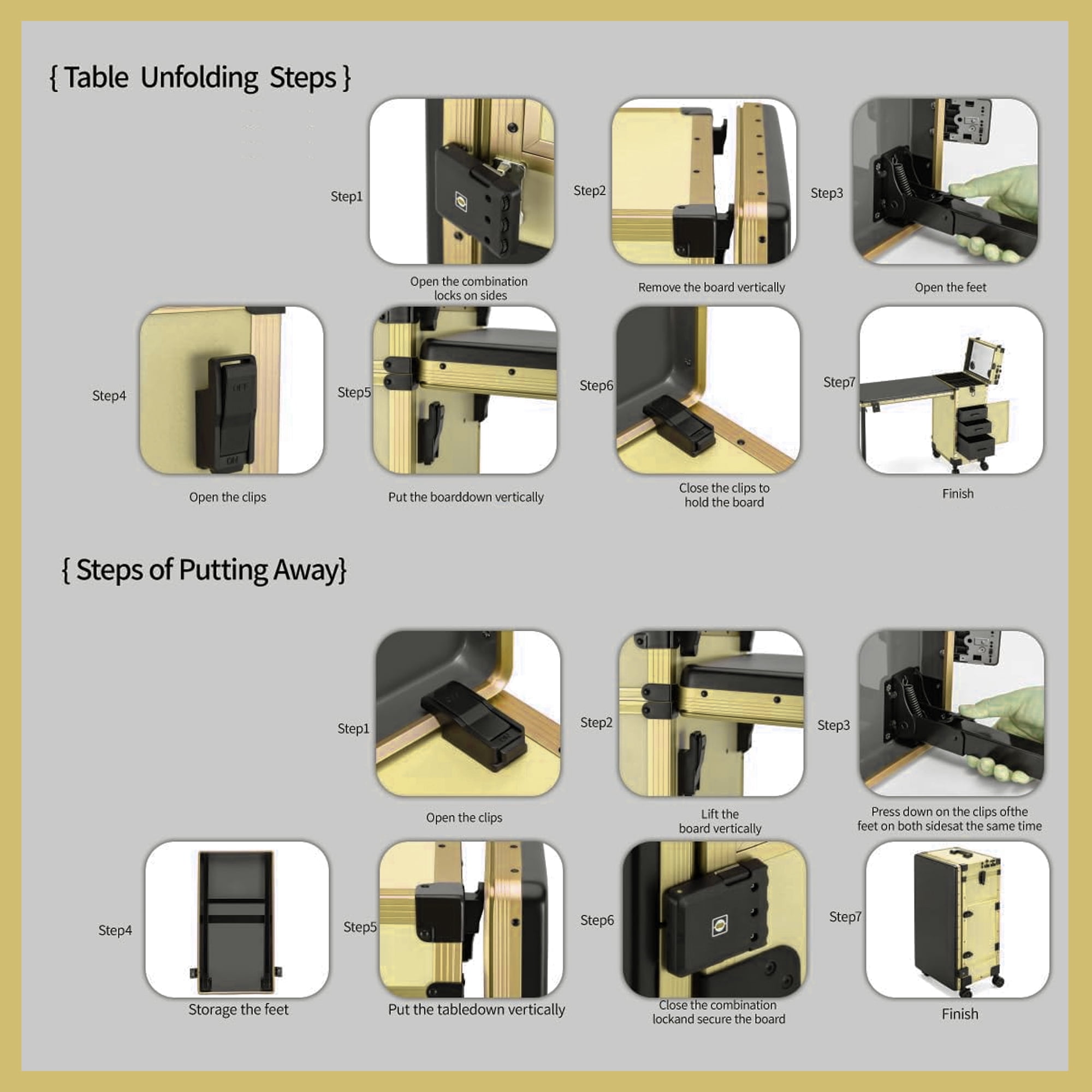 Aukfa Rolling Portable Manicure Table,Folding Nail Table with LED Mirro,Wireless Speaker & Lockable Drawers for Home & Mobile Salon,Black Gold