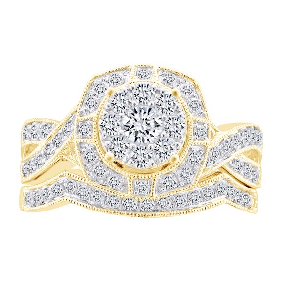 AFFY Round Shape White Natural Diamond Miligrain Engagement Bridal Ring Set In 14k Solid Yellow Gold (1 cttw) Ring Size-4