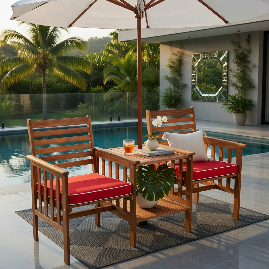 Hommoo 3-Piece Outdoor Patio Furniture Set, Acacia Wood Loveseat with 2 Cushions & Square Coffee Table, Red