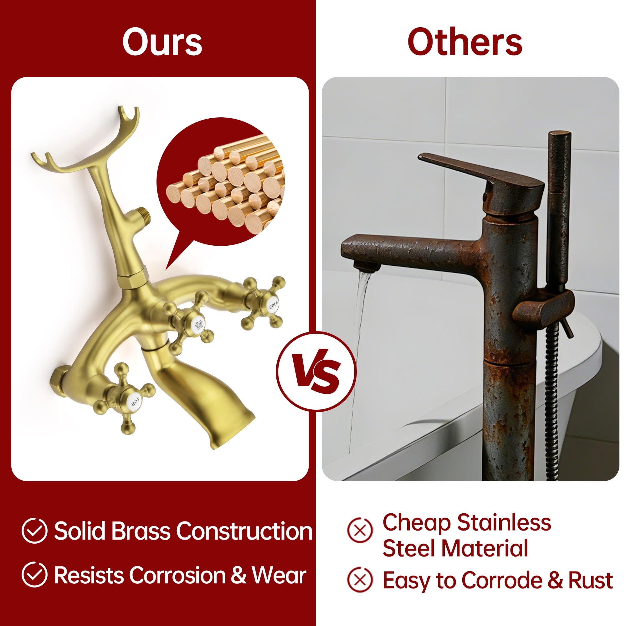 SUMERAIN Brushed Gold Freestanding Bathtub Faucet with Handheld Shower, High-Flow Waterfall Floor Mount Tub Filler, Solid Brass