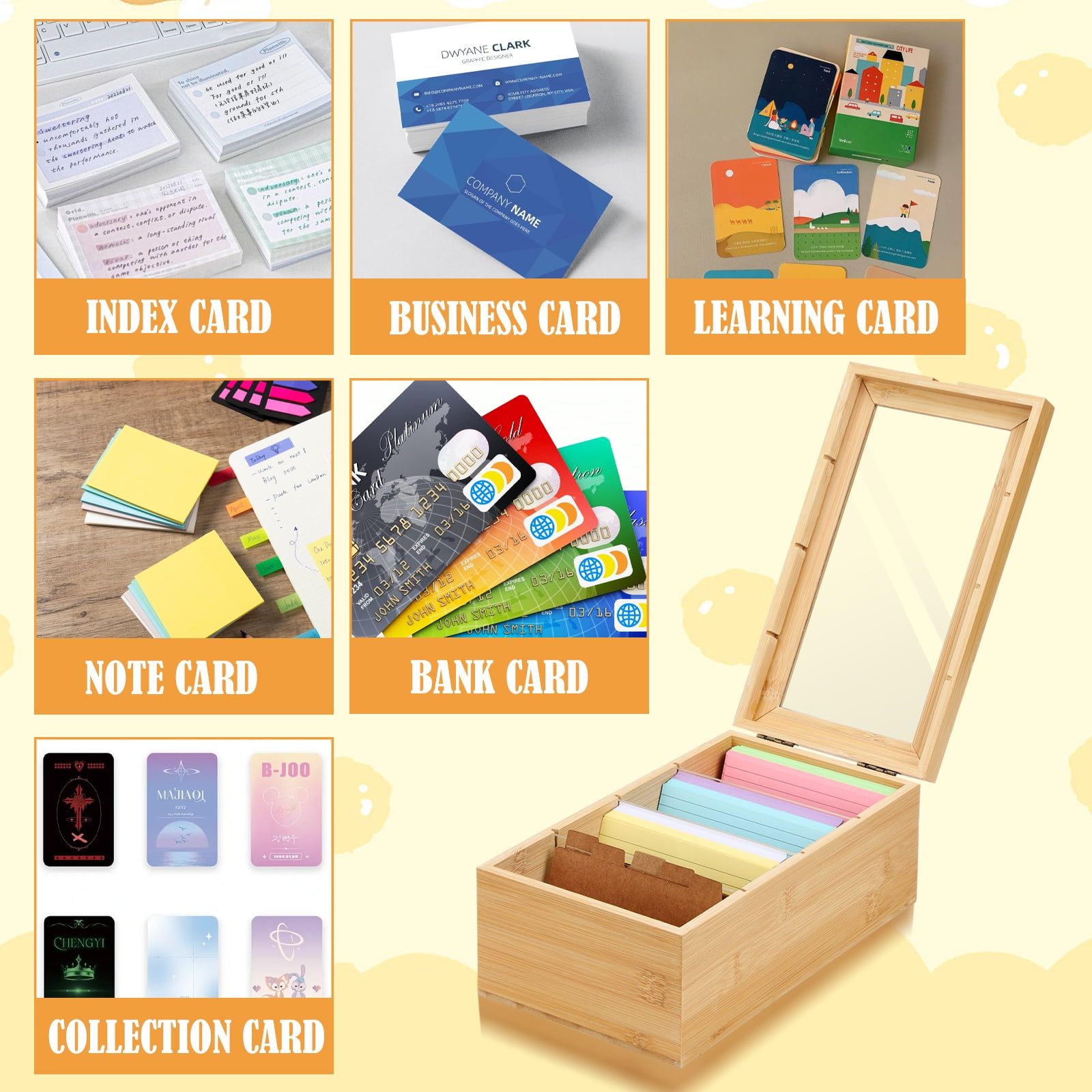 Bamboo Index Card Organizer - 3x5 Index Card Holder Box With Dividers - Wood Recipe Box With Lid - 4 Compartments For 1200 Cards - 5.9"W x 9.84"D x 3.97"H