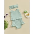 thumbnail image 4 of Suealasg Baby Girls Shorts Outfits Infant Girls Sleeveless Ribbed Tank Vest and Elastic Waist Skirt Ruffle Shorts +Headband 3Pcs Summer Clothes Set, 4 of 9