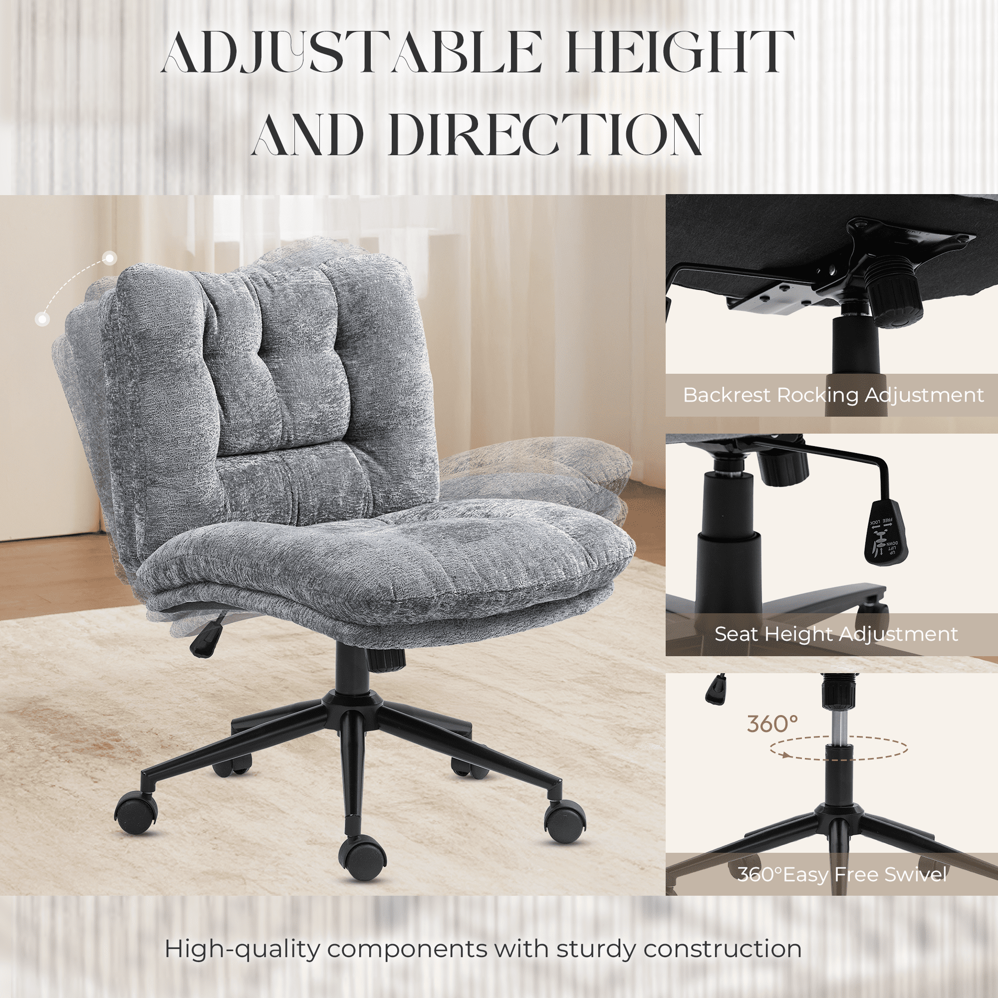 Goosea Armless Criss Cross Chairs, Premium Fabric Wide Padded Seat Office Chair，Modern Vanity Chair with Dual-Layer Cushion and Smooth-Rolling Wheels，Grey