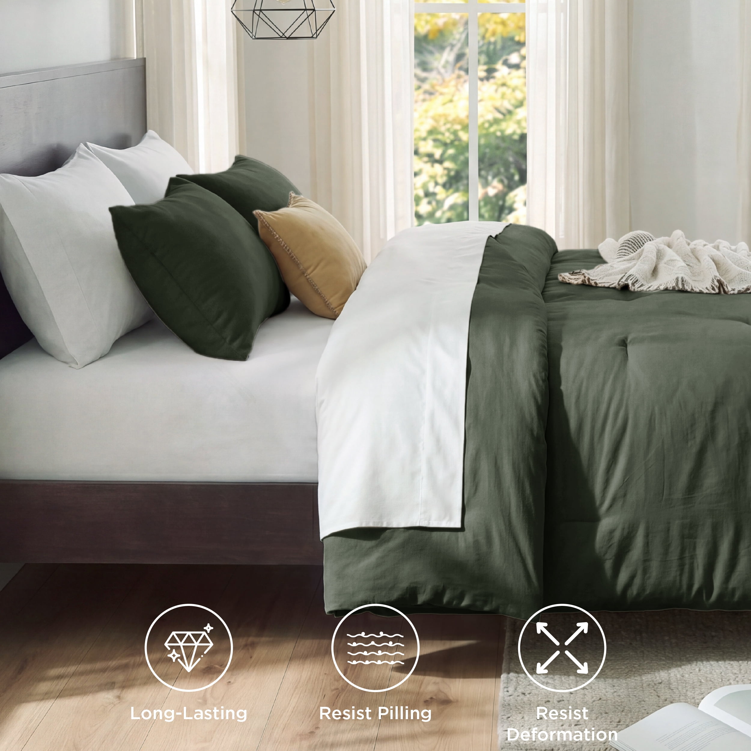 U by Bedsure 3 Pieces Queen Comforter Bedding Sets, Dark Green Bed Comforter Set for All Seasons, 1 Lightweight Prewashed Comforter and 2 Pillowcases