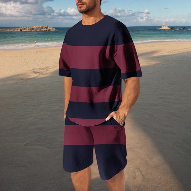 NTACZA Shorts Set Mens Striped Crew Neck Short Sleeve Tracksuits Workout Men's Breathable Sweatsuits 4XL