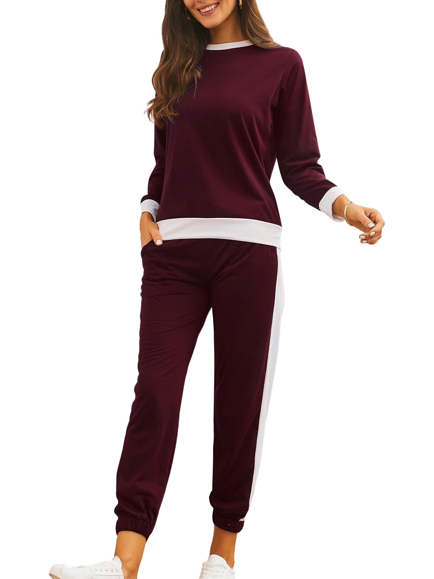Colisha Ladies Round Collar Jogging Sweatsuits Casual Color Block Two
