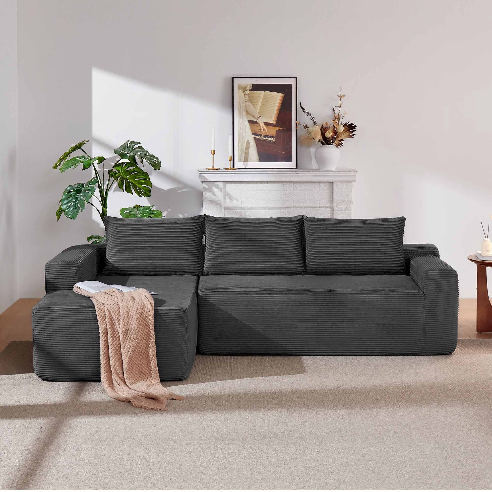 Lunale L-Shaped Modular Sectional Sofa with Movable Chaise, 3-Seater Boneless Cloud Couch for Living Room, Gray(Left Facing Chaise)