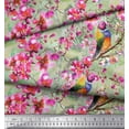 thumbnail image 2 of Soimoi Green Crepe Silk Fabric Stripe,Floral & American Robin Bird Fabric Prints by Yard 42 Inch Wide, 2 of 3