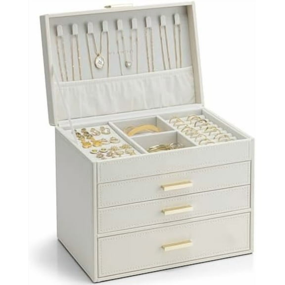 4 Layer Large Jewelry Box - Jewelry Holder Organizer, Jewelry Box Organizer for Drawer Necklace Ring Bracelet and Watch, Birthday Gift for Loved Ones - Beige