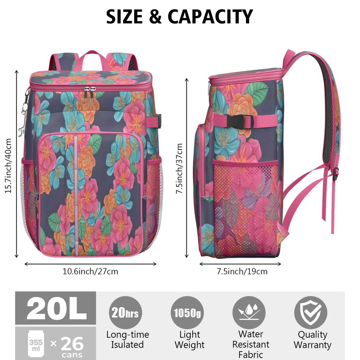 Travel Cooler Bag - Pioneer Flower Floral Print Pattern Camping Beer Cooler Backpack with Bottle Opener- Waterproof Insulated Picnic Backpacks - Cooler Bag for Beach