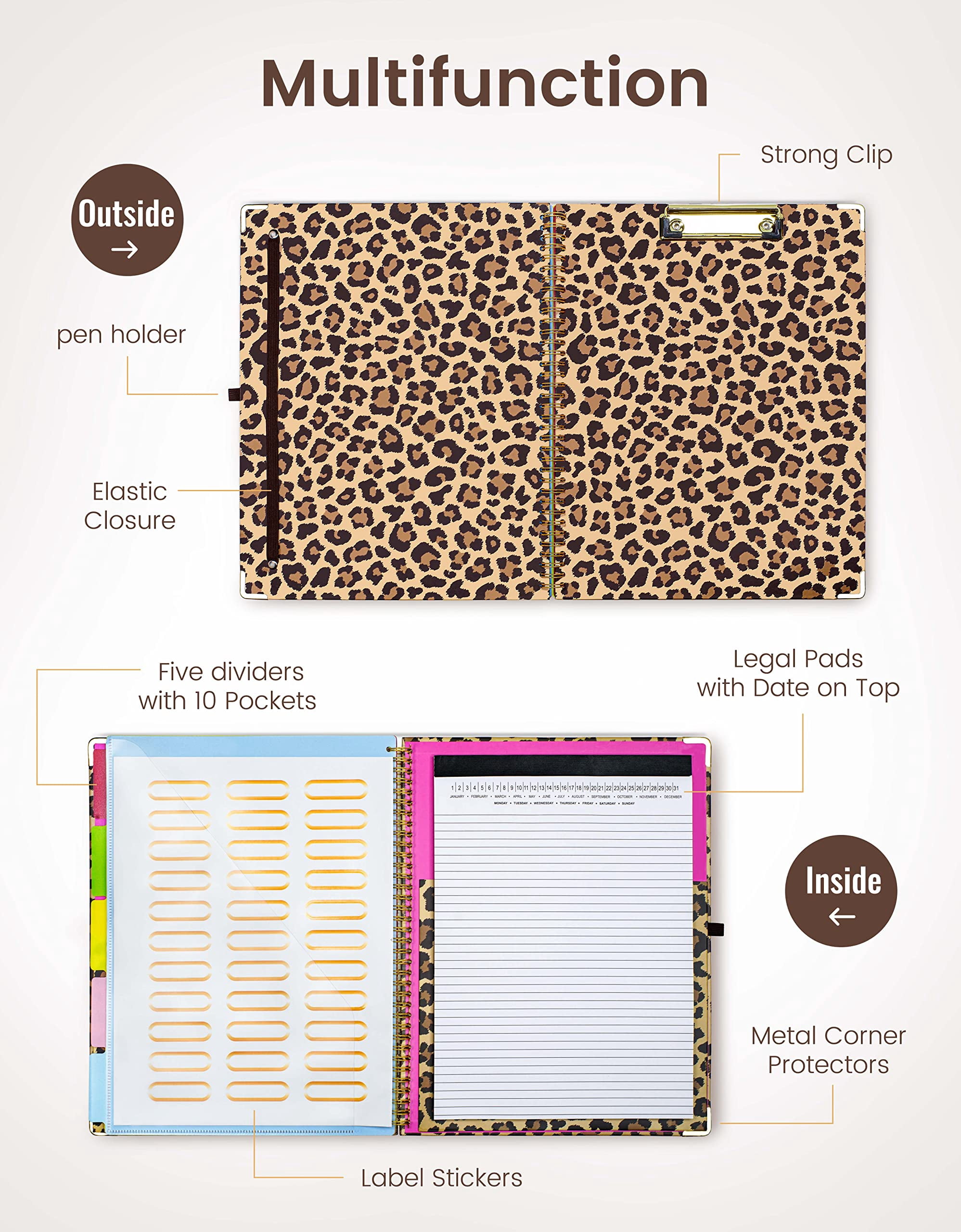 Clipboard With Storage  Clipboards Folio Refillable 11"x8.5" Legal Pads 5 Extra Folders 10 Pockets For Documents Portfolio Binder Pen Holder Men Women (leopard)