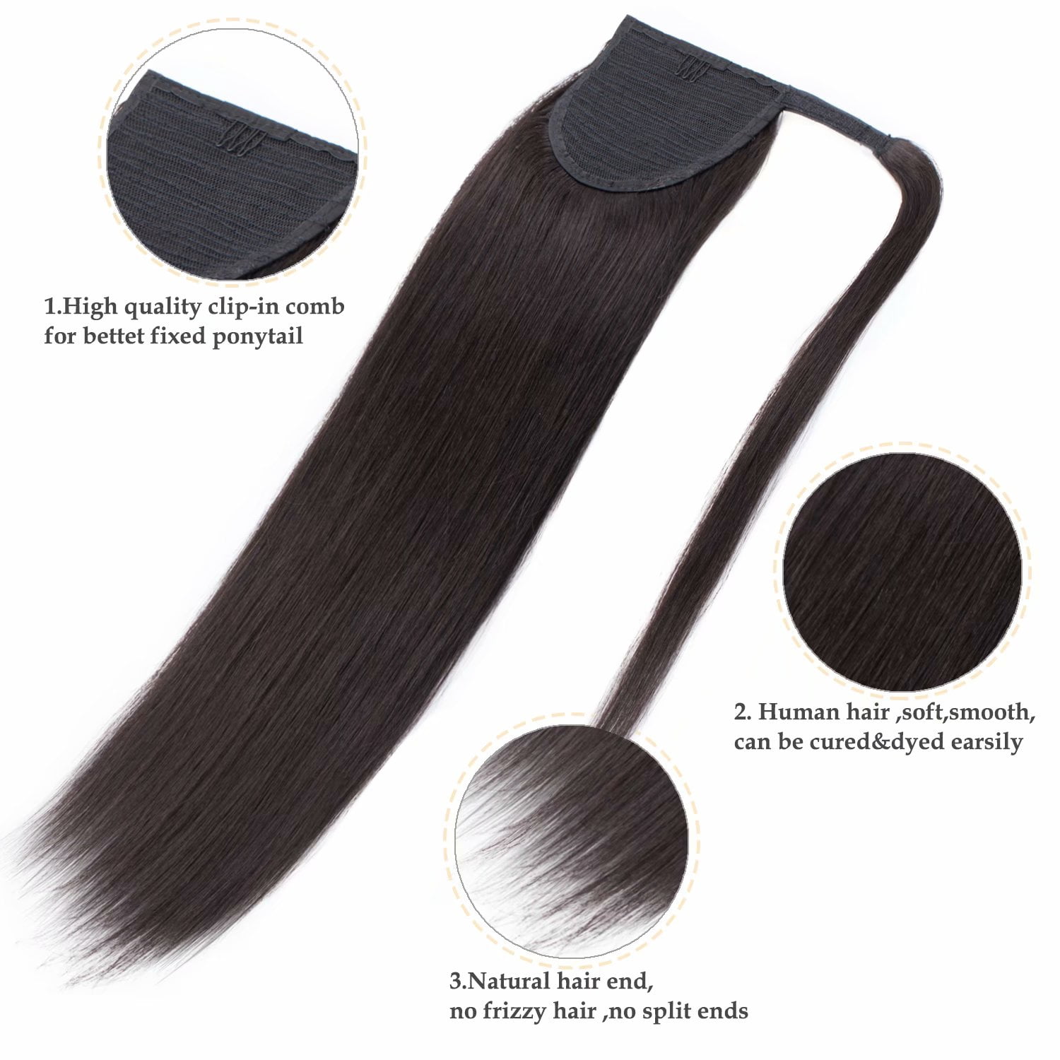 Benehair Wrap Around Ponytail Human Hair Extensions Silky Straight Ponytail Extension With Comb Clip in Human Hair for Women #1b Off Blach 14inch/80g