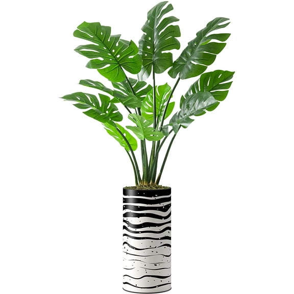 Artificial Tree in Contemporary Planter, Fake Monstera Silk Tree for Indoor and Outdoor Home Decoration - 65" Overall Tall (Plant Pot Plus Tree)