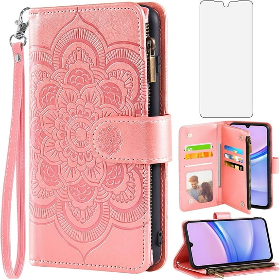 Phone Case for Samsung Galaxy A15 5G Wallet Cover with Tempered Glass Screen Protector and Flower Leather Flip Credit Card Holder Stand Lanyard Cell Accessories A 15 4G 15A Women Men Rose Gold