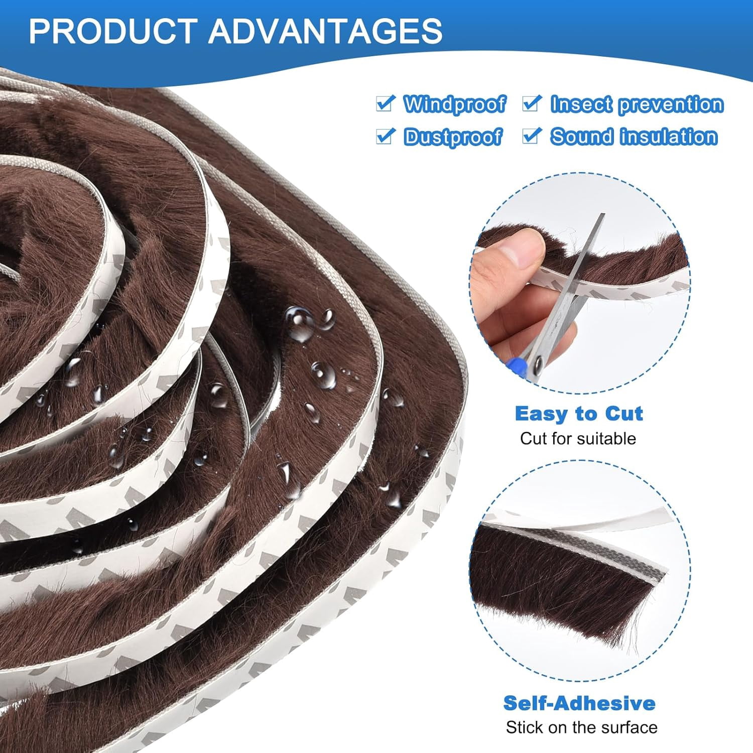 FRKSMD-Brush Weather Stripping, 3/8" Backing x 9/16" Brush x 20ft Felt Pile Door Seal Strip for Sliding Door Window Wardrobe - Self-Adhesive Brown (Windproof Dustproof Soundproof)