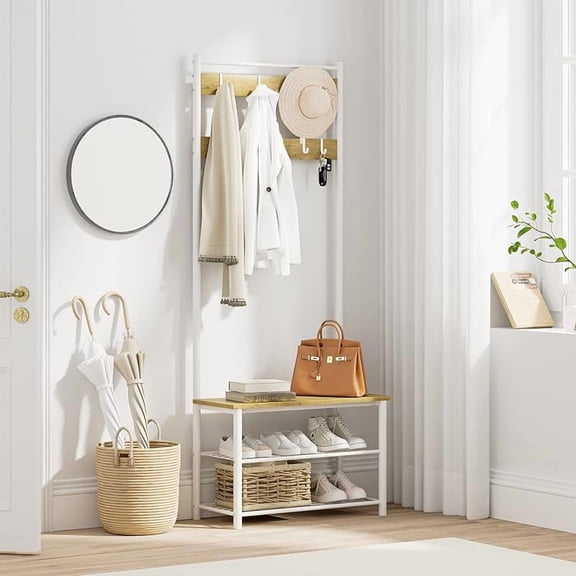 Hall Tree with Bench and Shoe Storage, 3-in-1 Coat Rack Shoe Bench, Freestanding Wooden Coat Rack with Metal Frame, 3-Tier Storage Shelf and 9 Removable Hooks, White/Walnut