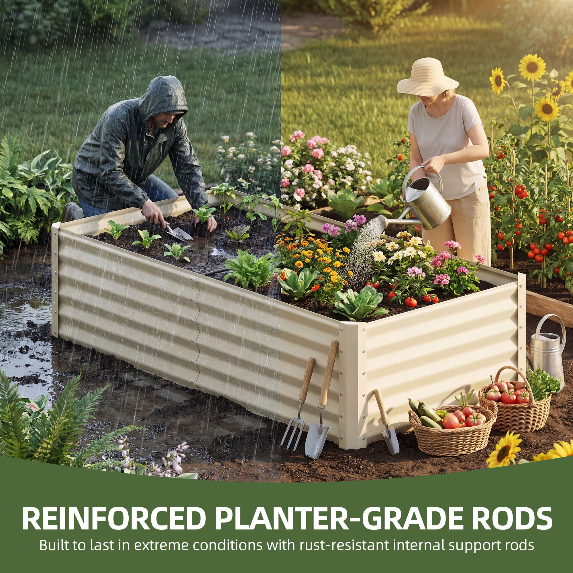 Uforic Galvanized Raised Garden Bed Kit, Metal Planter Box with Gloves, Metal Raised Garden Beds for Vegetables,Cream,6x3x3ft