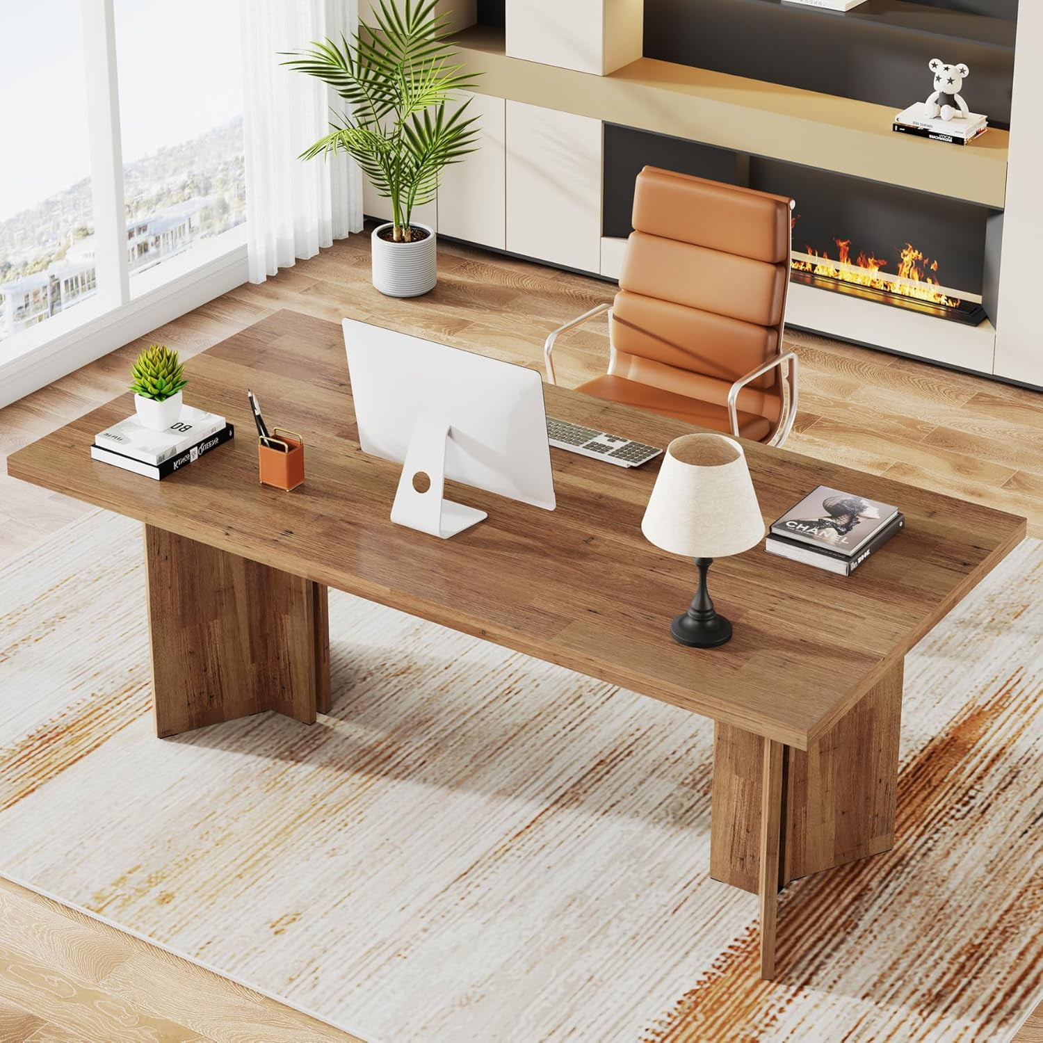 Tribesigns 63" Executive Desk, Vintage Wood Office Computer Desk Workstation for Home Office, Walnut