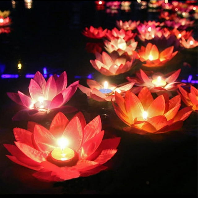 10pcs velas flotantes de luz de linterna de loto de seda multicolor decoraciones
