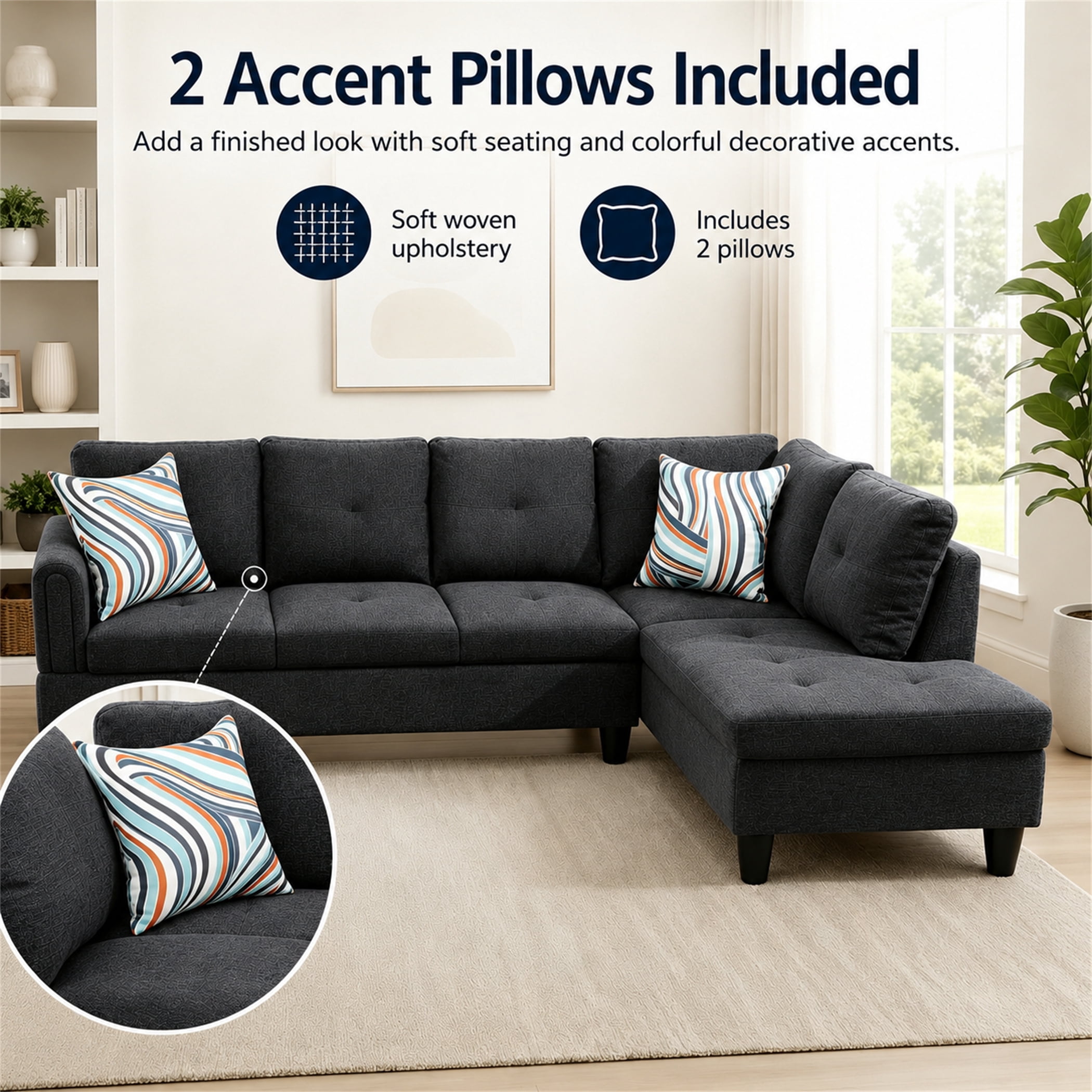 Aukfa 97" Classic Sectional Sofa 4 Seat L shape Couch with Oversized Right Chaise for Living Room, 2Pillows, Linen, Black Gray