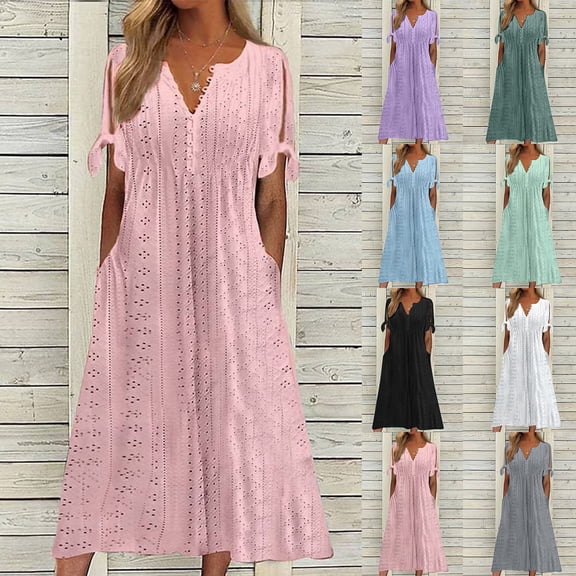 Womens V Neck Short Sleeve Dress Hollow Out Detail Casual Style Solid Color