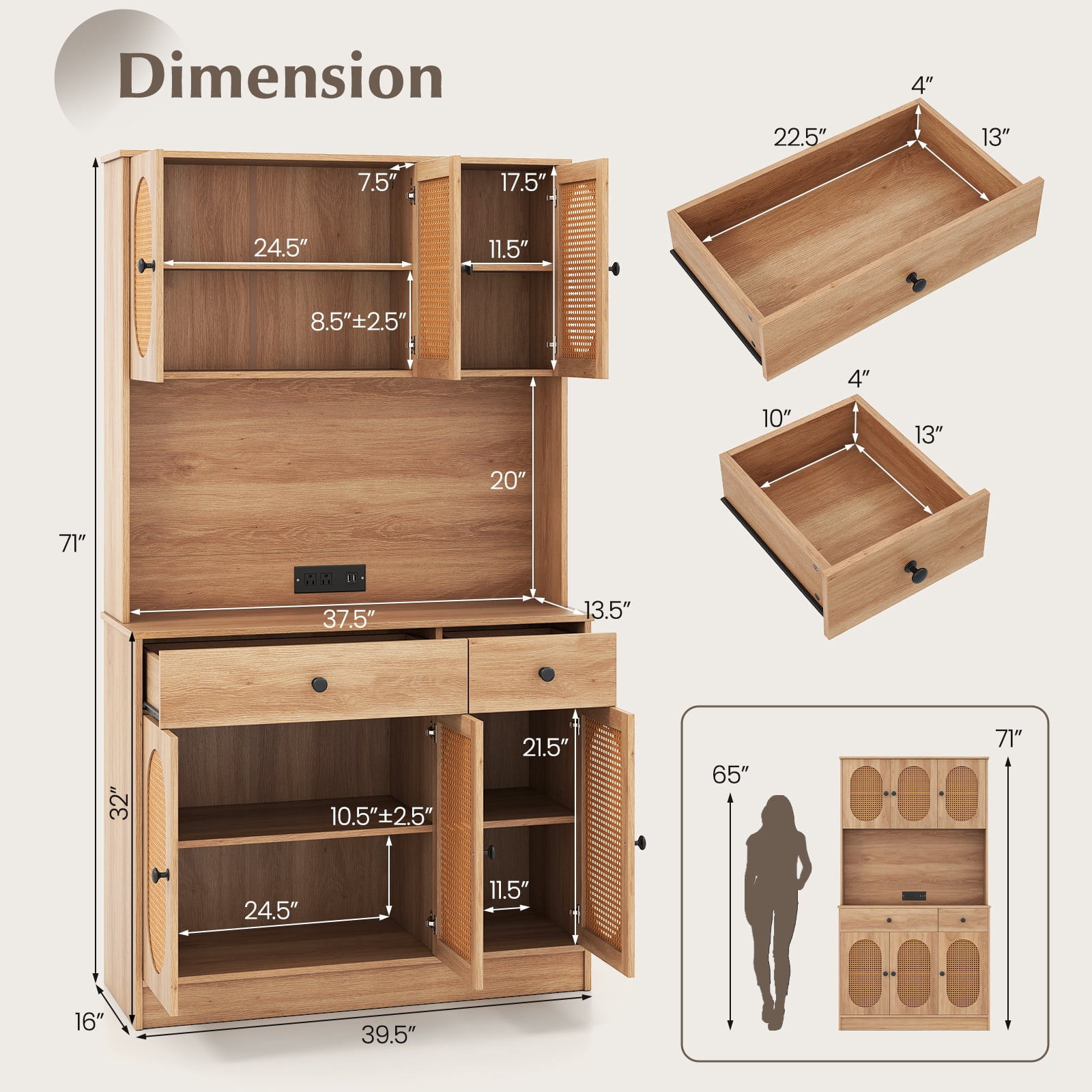 Gymax Kitchen Pantry Cabinet w/ Charging Station 71'' Tall Kitchen Buffet Cabinet