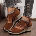 thumbnail image 3 of Rokment Women's Bling Rhinestones Fringe Platform Wedge Sandals Boho Beach Summer Fall Suede Peep Toe Espadrilles Chunky High Heels Dress Shoes Brown Size 8, 3 of 5