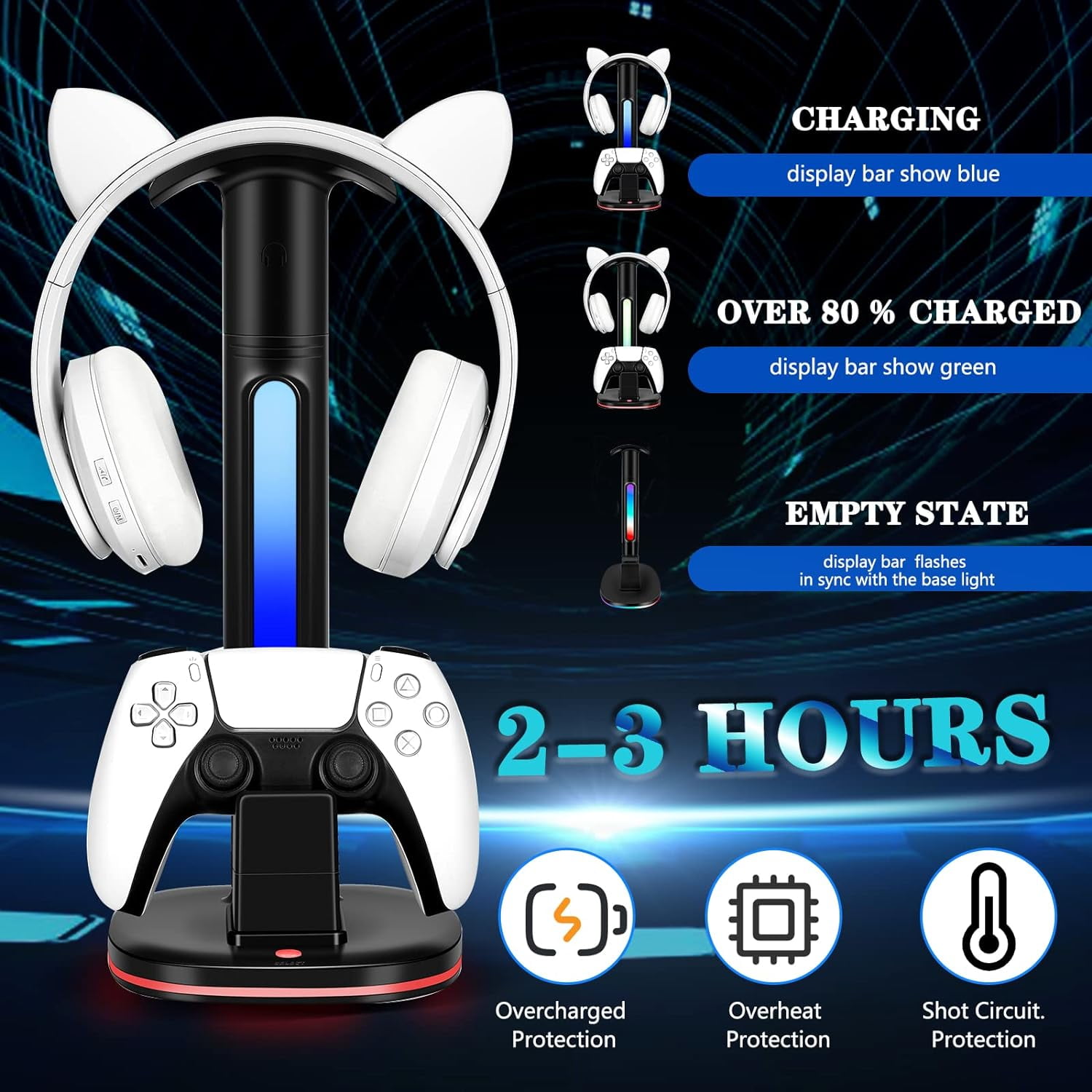 PS5 Controller Charging Station with Headphone Stand, with RGB light and 2 USB Charging Ports