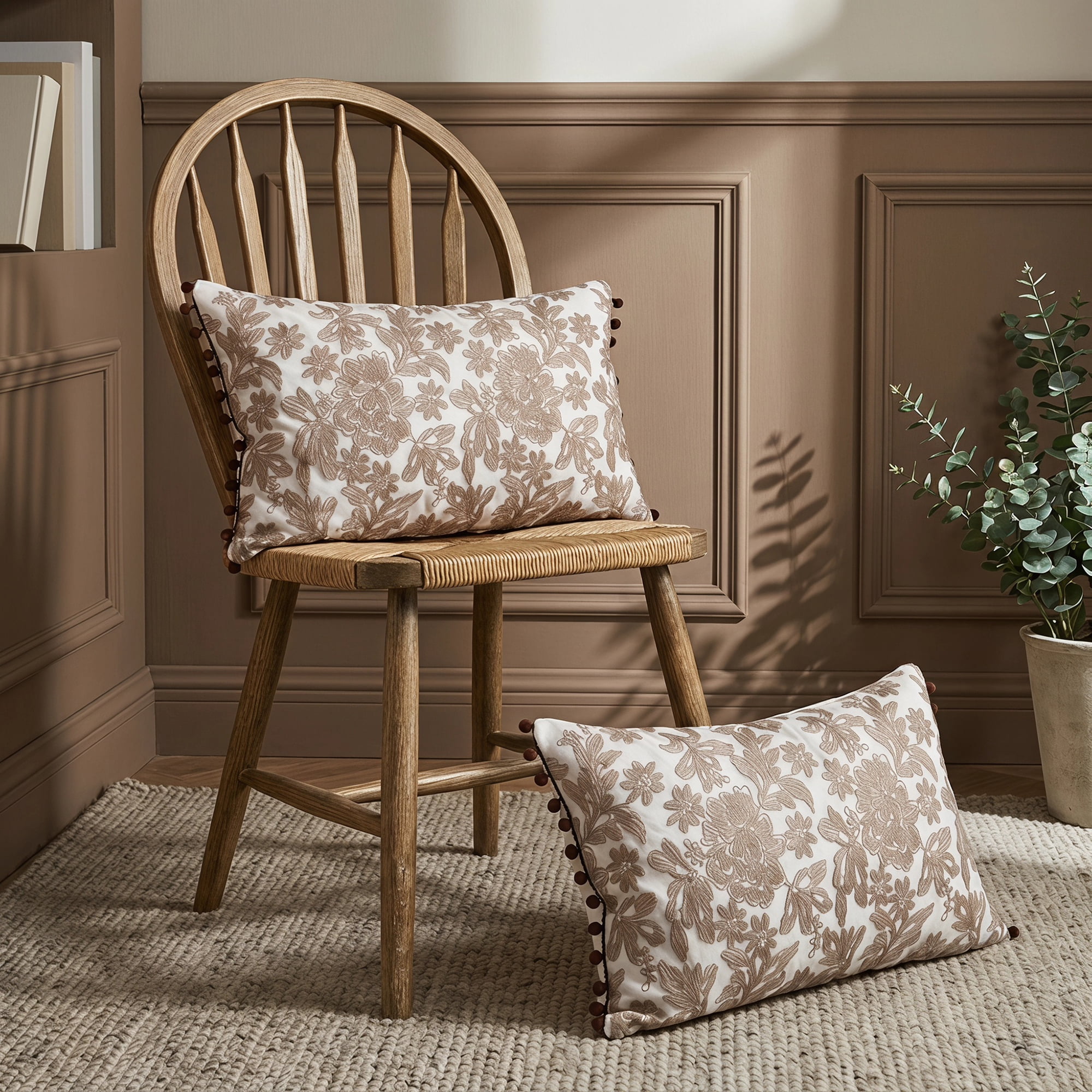 Unique Bargains Elegant Vintage Floral Throw Pom-Pom Pillow Covers Brown 20" x 12"