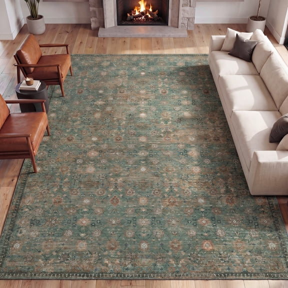 JONATHAN Y PATINA WASHABLE Petunia Polyester Machine Washable Area Rug, Green and Brown, 5' X 8' Vintage Traditional with Distressed Floral Border for Living Room PTN102A-5