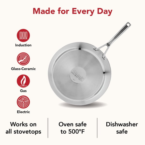KitchenAid 12" Stainless Steel 3-Ply Base Ceramic Nonstick Induction Frying Pan, Dishwasher Safe, Oven Safe to 500°F,  Stainless Steel