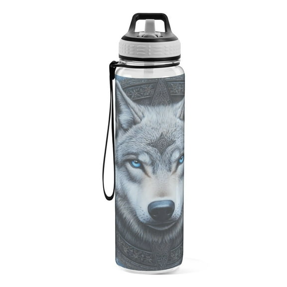 Motivational Water Bottle 32 oz with Straw, BPA Free Reusable Fitness Sport Bottle Perfect for Travel, School, Outdoors, and Gym A Wolf with A Frame