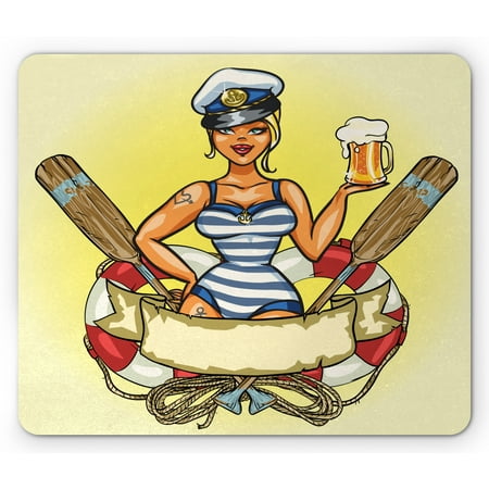 Retro Mouse Pad, Pin-Up Sailor Girl Lifebuoy with Captain Hat and Costume Glass of Beer Feminine, Rectangle Non-Slip Rubber Mousepad, Multicolor, by Ambesonne