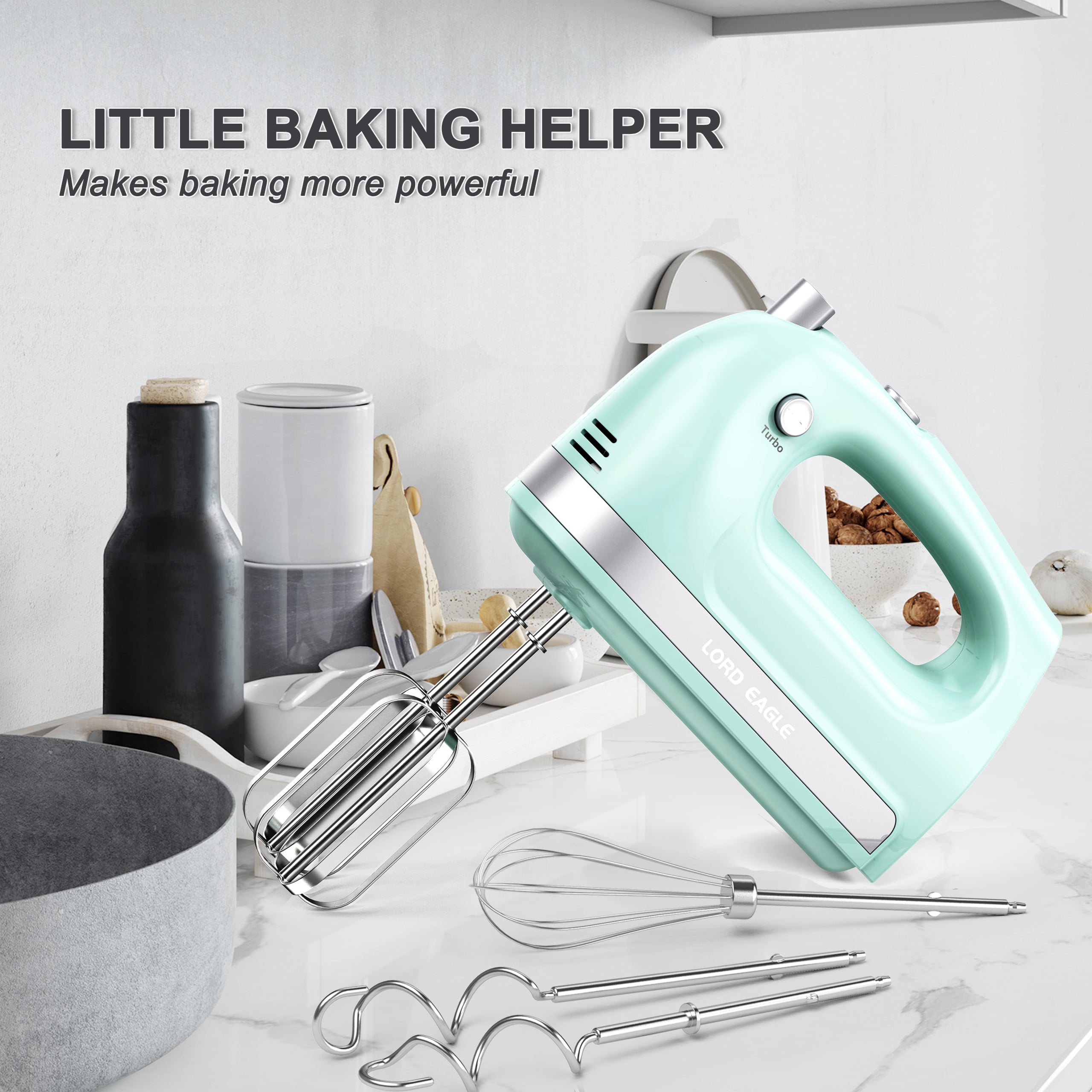 Lord Eagle Hand Mixer Electric 400W, 5 Speed handheld Mixer, 5 Stainless Steel Accessories for Baking Cake Egg Cream Food Beater, Turbo Boost/Self-Control Speed + Eject Button