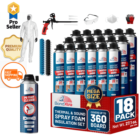 BondXtra Spray Foam Insulation Kit (18 x 32.80 oz/930 gr - 360 Board feet), Self-Expanding Adhesive Foam, Closed Cell Heat Insulation & Acustic Spray with Cleaner and Dispensing Gun - 18 Pack