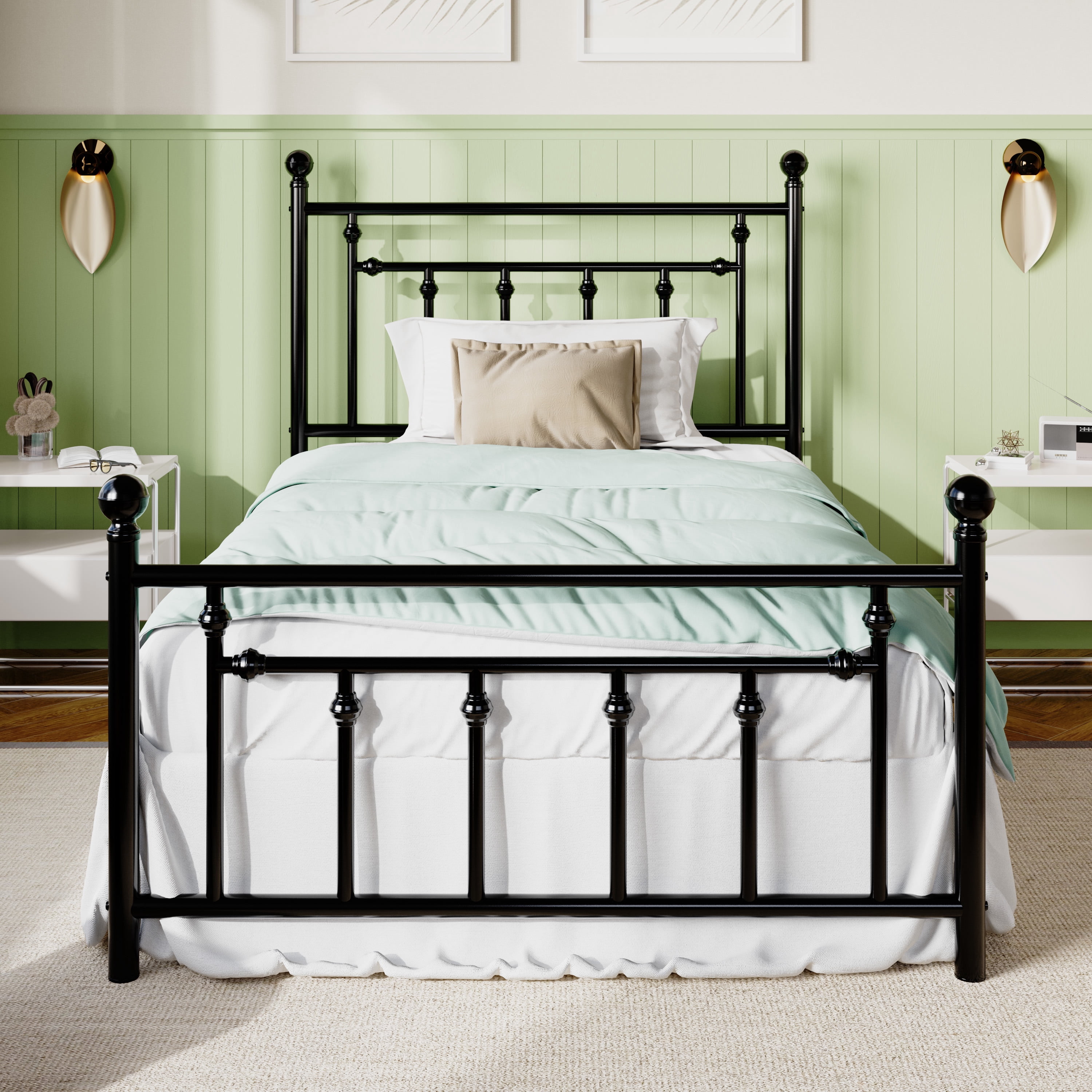 Sifurni Twin Size Metal Platform Bed Frame with Victorian Vintage Headboard, Black