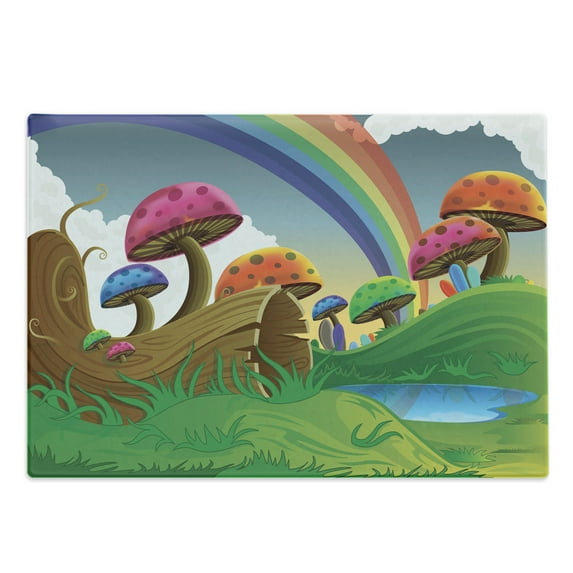Mushroom Cutting Board, Countryside Sunny Playful Environment Foliage Rainbow Spring Scenery Room, Decorative Tempered Glass Cutting and Serving Board, Large Size, Multicolor, by Ambesonne