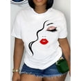 thumbnail image 1 of Women's Casual Crew Neck T-Shirt with Lip & Eyelash Print, 100% Polyester Knit Fabric, Casual Portrait Graphic Tee, Regular Length for All Seasons, 1 of 6