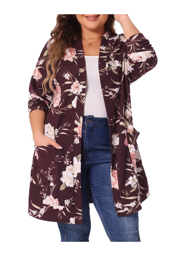 Women's Plus Size Duster Floral Sweater Lightweight Cardigan 1X Red Brown
