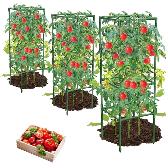 3Pack Tomato Cages for Garden, Square Tomato Plant Stakes Support Cages Trellis for Garden Climbing Vegetables Flowers Fruits - Green