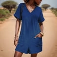 thumbnail image 2 of GILIGEGE Linen Overalls for Women Womens Summer Cute Short Overalls Loose Fit Short Sleeve Casual Rompers Jumpsuits Shorts Fashion Women's Solid V Neck Pocket Zippered Short Sleeve Jumpsuit, 2 of 5