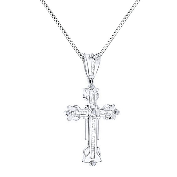 AFFY Round & Baguette Cut Cubic Zirconia Cross Hip Hop Pendant in 14K White Gold Over Sterling Silver (0.58 Cttw)
