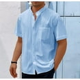 thumbnail image 2 of Lovskoo Shirts for Men Cotton and Linen Band Collar Short Sleeve Solid Color Vintage Shirt Summer Casual Shirt Beach Shirt Vacation Beach Summer Tops Sky Blue, 2 of 9