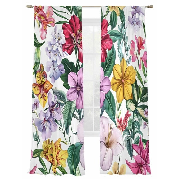 Colorful Lily Sheer Curtains for Living Room Bedroom, Light-filtering Sheer Curtain, Spring Rod Pocket Voile Window Treatment Drapes, 52’’Wx108’’L, 2 Panels Set