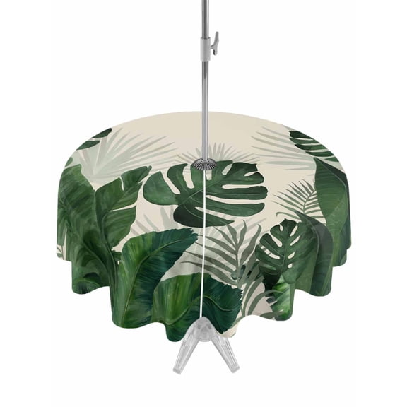 Outdoor Tablecloth with Umbrella Hole for Patio/Picnic/Party/Camping, Monstera Leaves Waterproof Table Cloth Round Cover Washable, Summer Green Tropical Plants Leaf Beige (Dia 54")