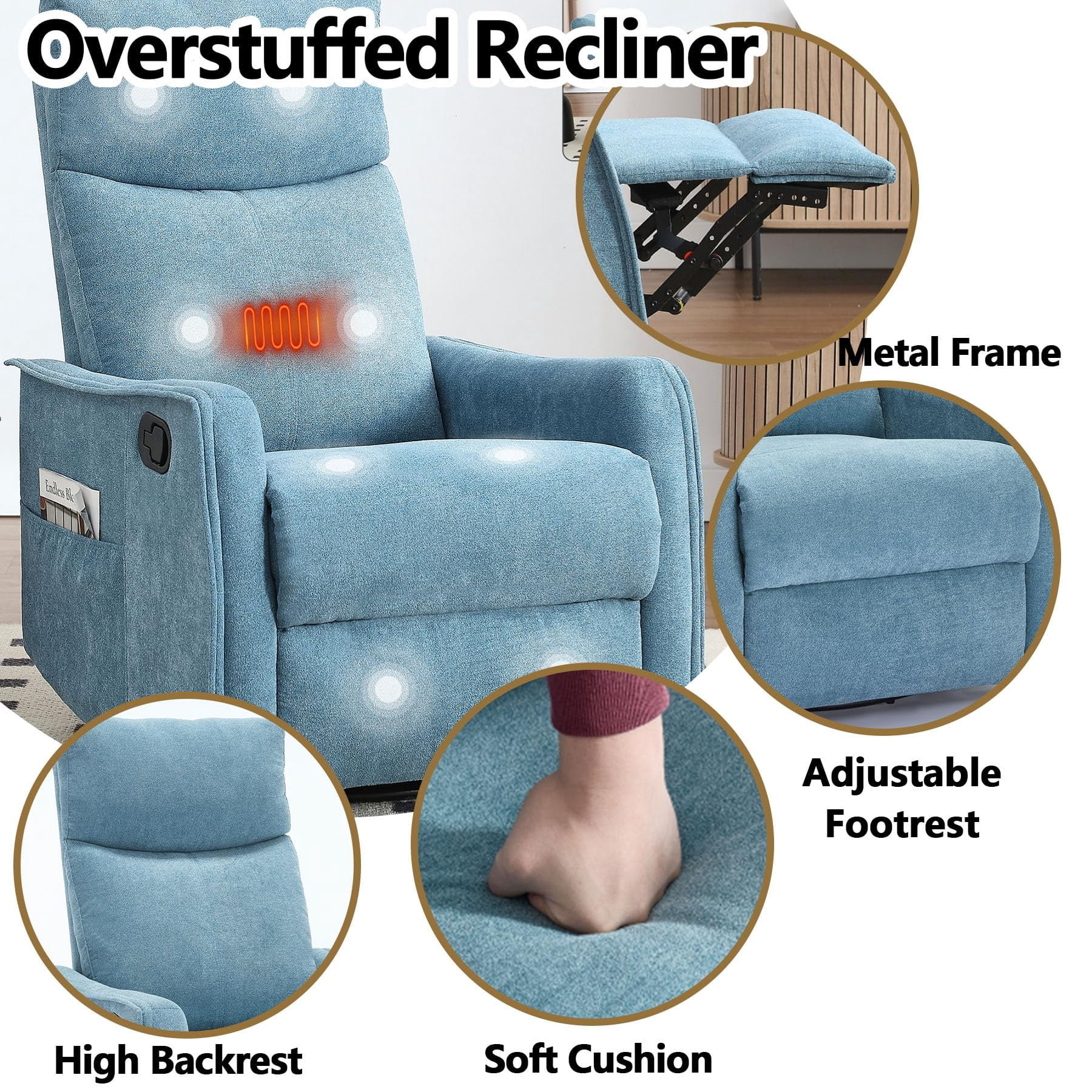 CARZZI Massage Chair Recliner with Heat, Swivel Rocking Chair Recliner with High Back, Manual Lazy Boy Recliners for Adults,Small Recliner Chair for Small Spaces, Living Room Bedroom, Fabric (Blue)