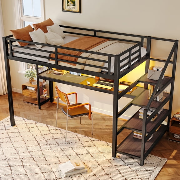 Twin XL Loft Bed with Desk & Storage Stairs, Metal Loft Bed Frame with Built-in LED Lights & USB Ports, Iron Mesh Panels, Noise-Free, Space Saver for Dorm, Apartment, Black