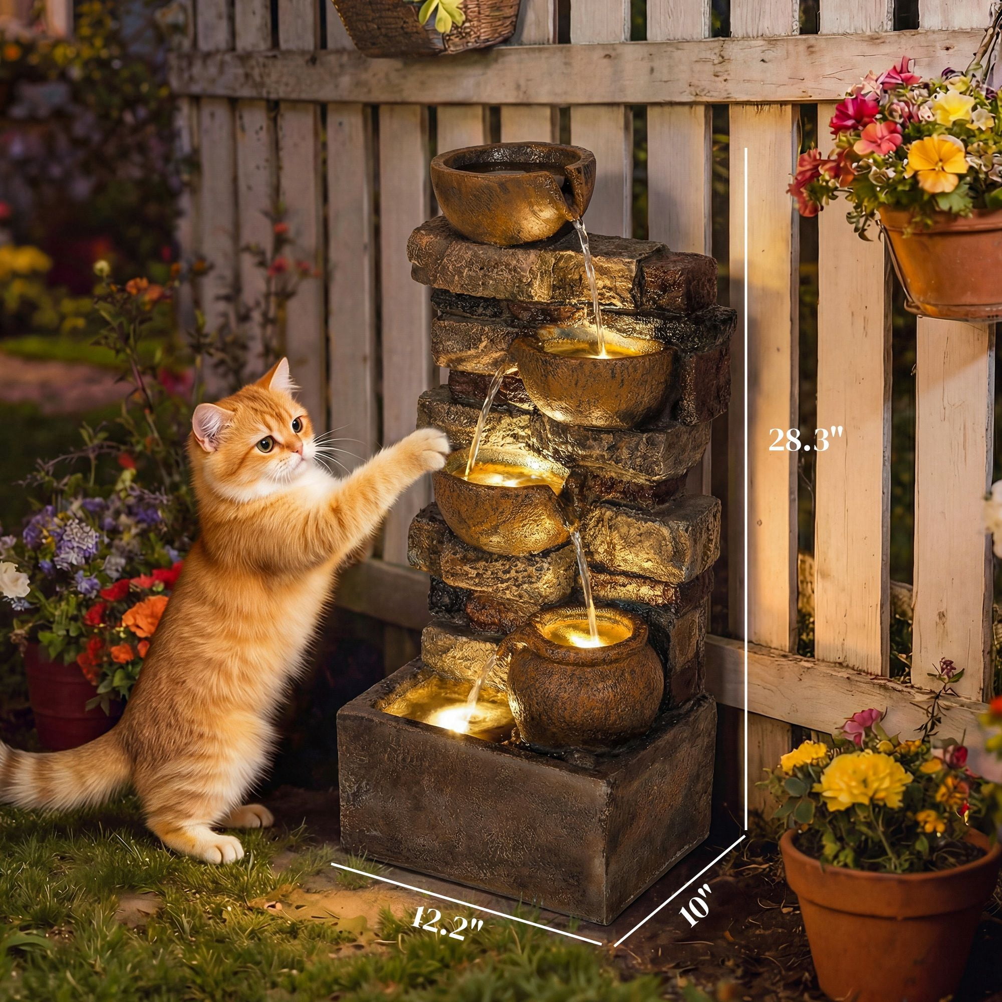 Dranite 28" Outdoor Fountain 5-Tier Rustic Jugs Cascading Waterfall with LED Lights